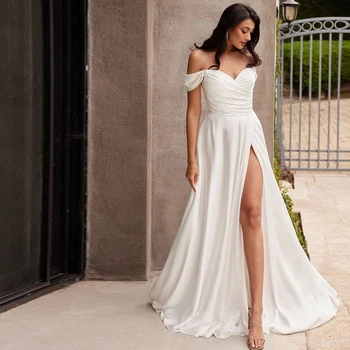 Eenvoudige Off-The-Shoulder Trouwjurken Voor Vrouwen Witte Mouwloze Bruidsvolwassenen Met Side Split Vestidos De Novia Rugloze 2024