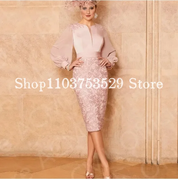 Elegante personalizado mãe da noiva vestidos 2025 o pescoço renda applique chá comprimento vestidos de casamento de cetim vestido de festa