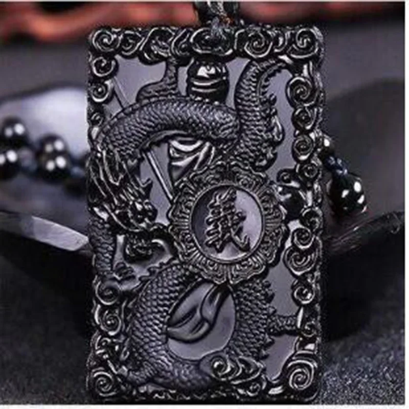 Natural Obsidian Guan Yu Mammon Pendant Jewelry Lucky ward off evil spirits Auspicious Amulet Pendant Necklace Jade Fine Jewelry