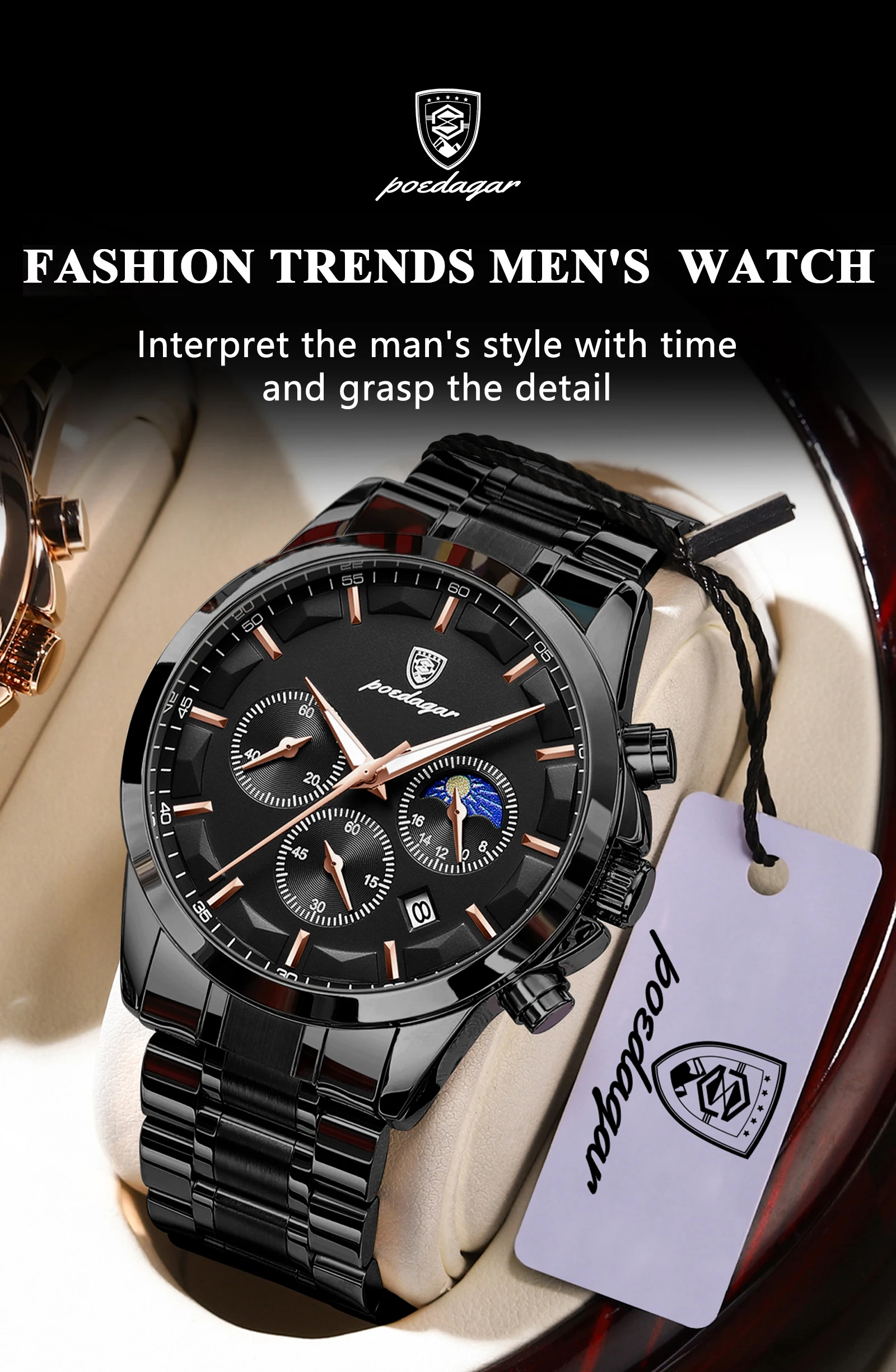 POEDAGAR Top Business Herrenuhren Wasserdicht Leuchtend Edelstahl Mode Herren Armbanduhr Chronograph Datum Herren Quarzuhr – Detail 12