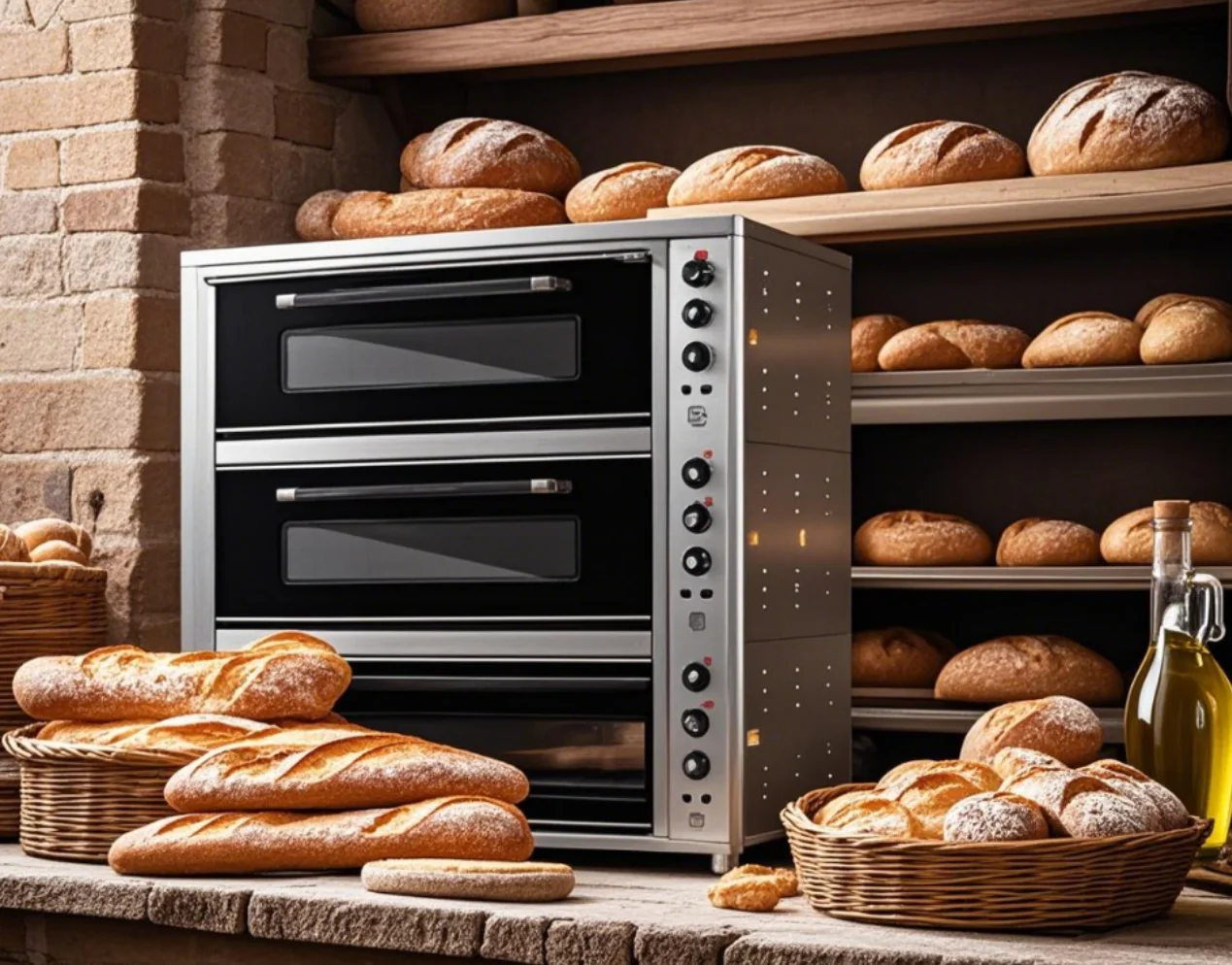 التجارية 350 ℃   فرن بيتزا فرن بيتزا جديد ثلاثي الطبقات من حجر البلاط فرن متعدد الوظائف لبيتزا الكرواسون