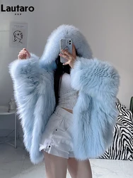 Lautaro Winter Shaggy Harige Dikke Warme Zachte Gekleurde Faux Fur Jas Vrouwen Met Kap Vleermuis Mouwen Losse Casual Designer Kleding