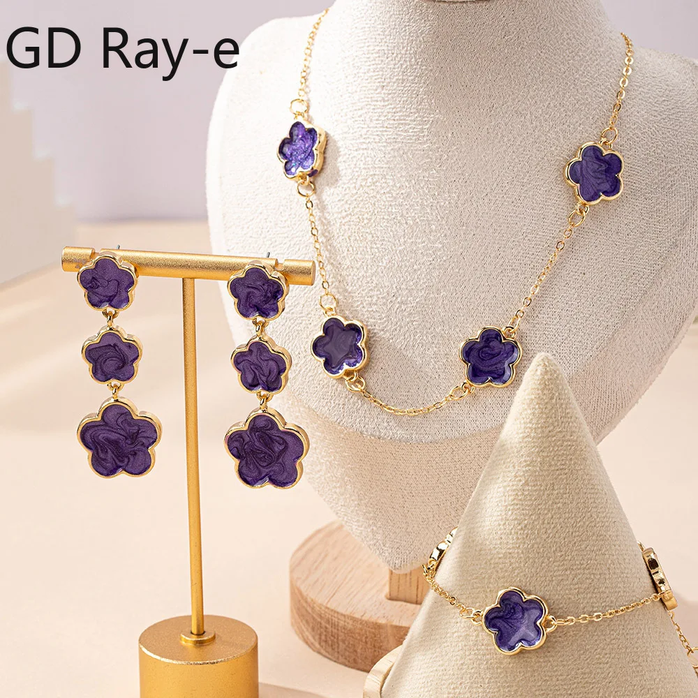 New Fashion Jewelry Set for Women Metal Flower Stainless Steel Bracelets Necklace Classic Earring Party Daily Accessories Gifts