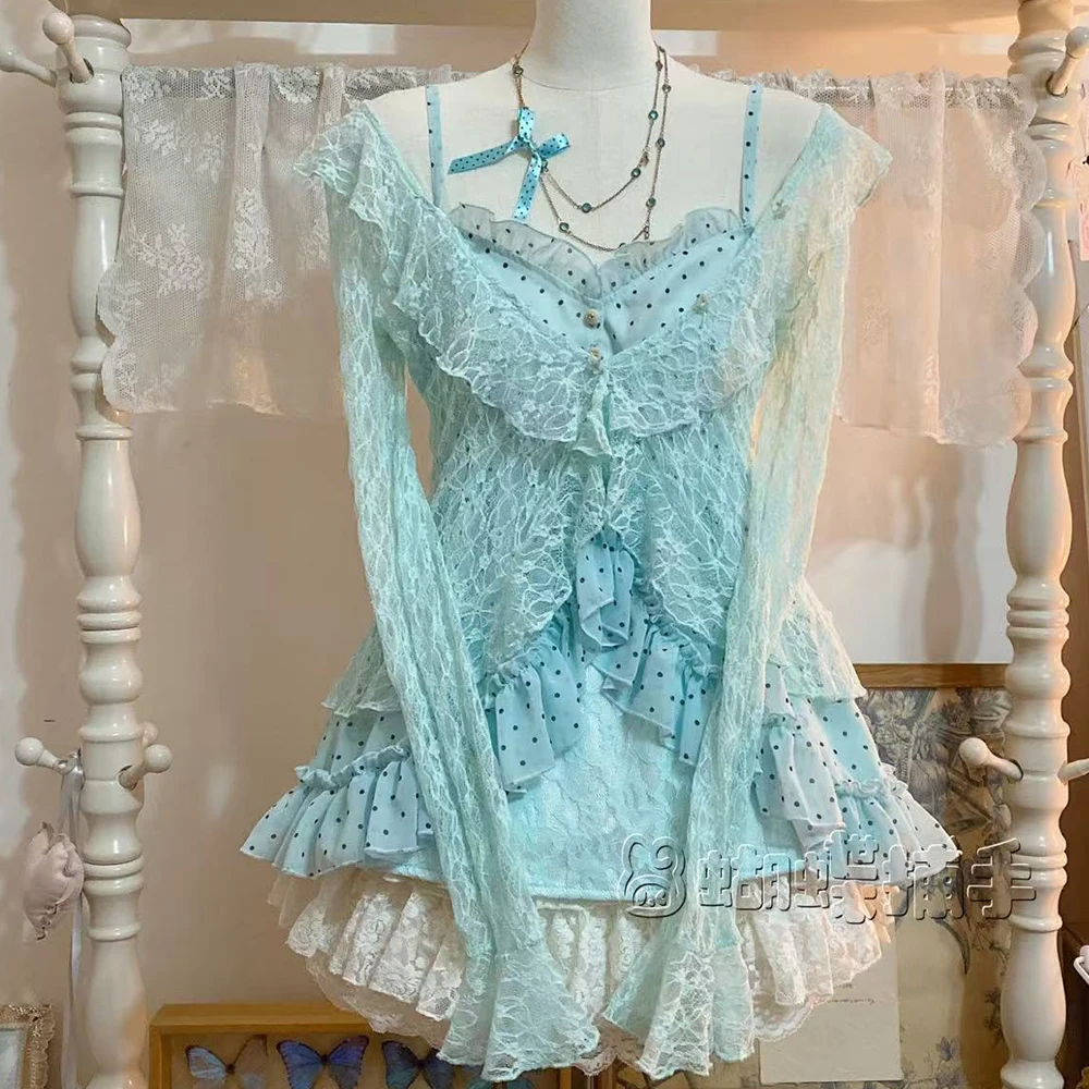 

Japanese Sweet Retro Lace 3-Piece Polka Dot Tank Top+Transparent Lace Cardigan+Fluffy Skirt New Harajuku Chic Cute Spring Set