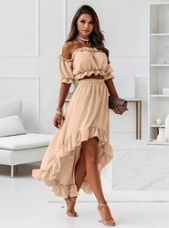 New Fashion Donna Estate Ruffles Dress Set Due pezzi con spalle scoperte Slash Neck Manica corta Crop Top Gonna lunga irregolare Set