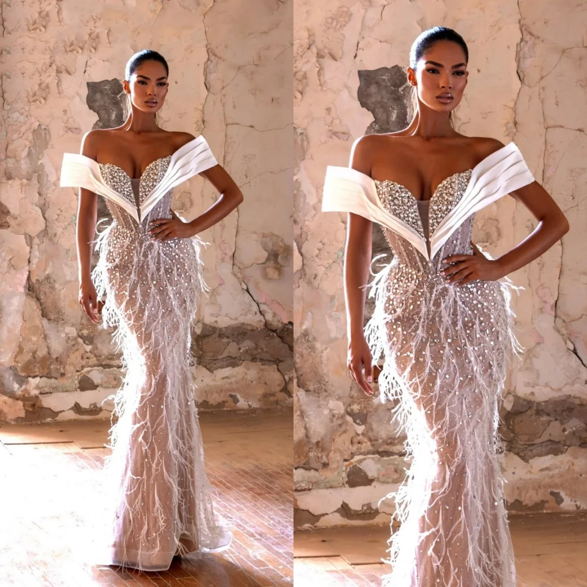أزياء مطرز الريش حورية البحر فستان الزفاف مثير قبالة الكتف ثوب الزفاف الطابق طول PearlsBride فساتين مخصصة