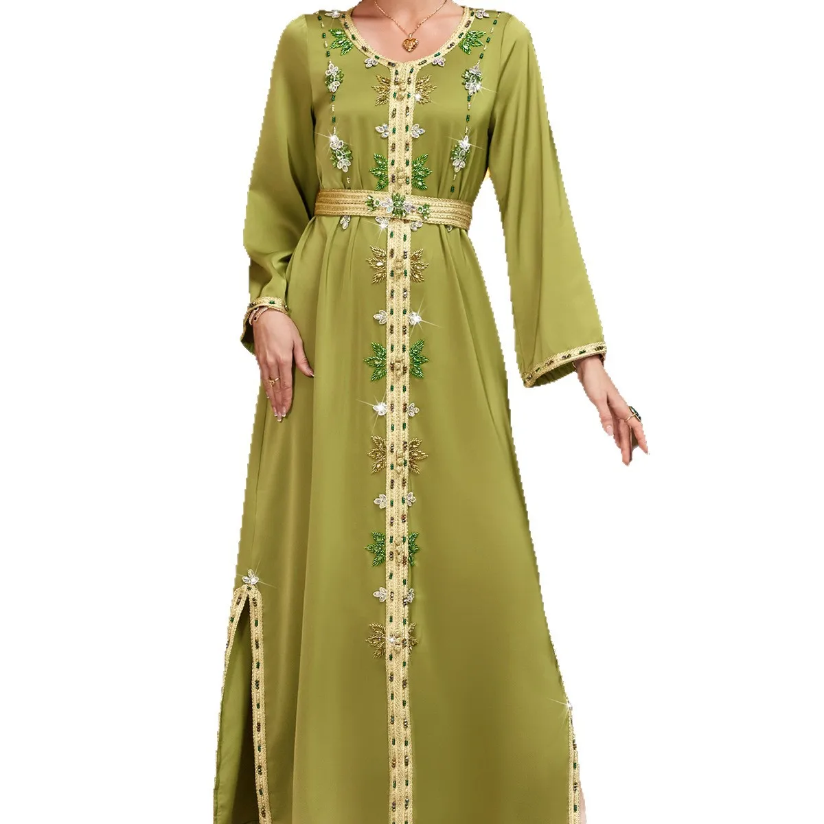 

Elegant Dubai Abaya Satin Muslim Maxi Dress Women Turkey Kaftan Diamonds Islam Gulf Jalabiya Femme Robe Longue Vestidos Largo
