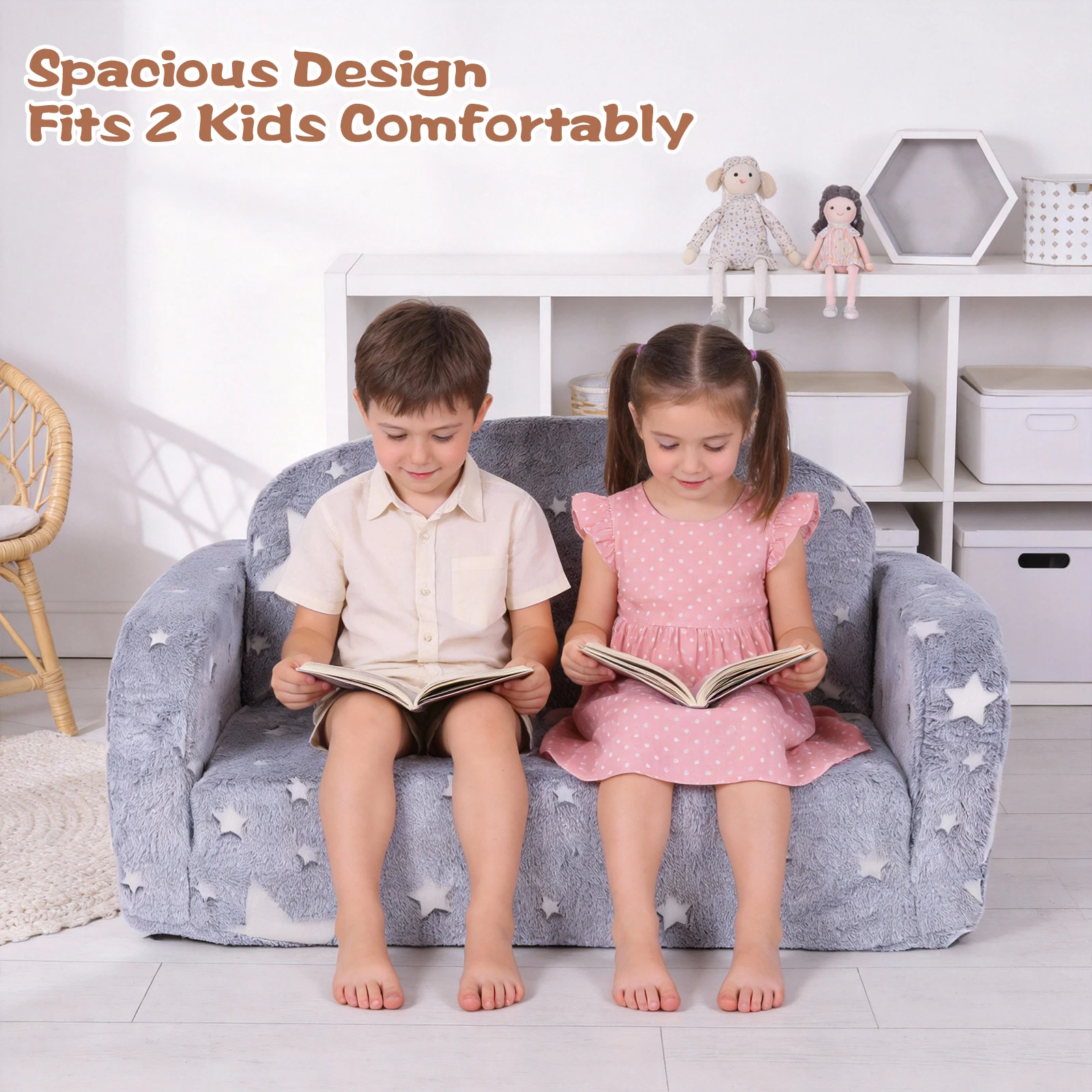 Image 3: Canapé-lit pour enfants extra large 2 en 1 avec couverture pour garçons et filles (Gray Star)