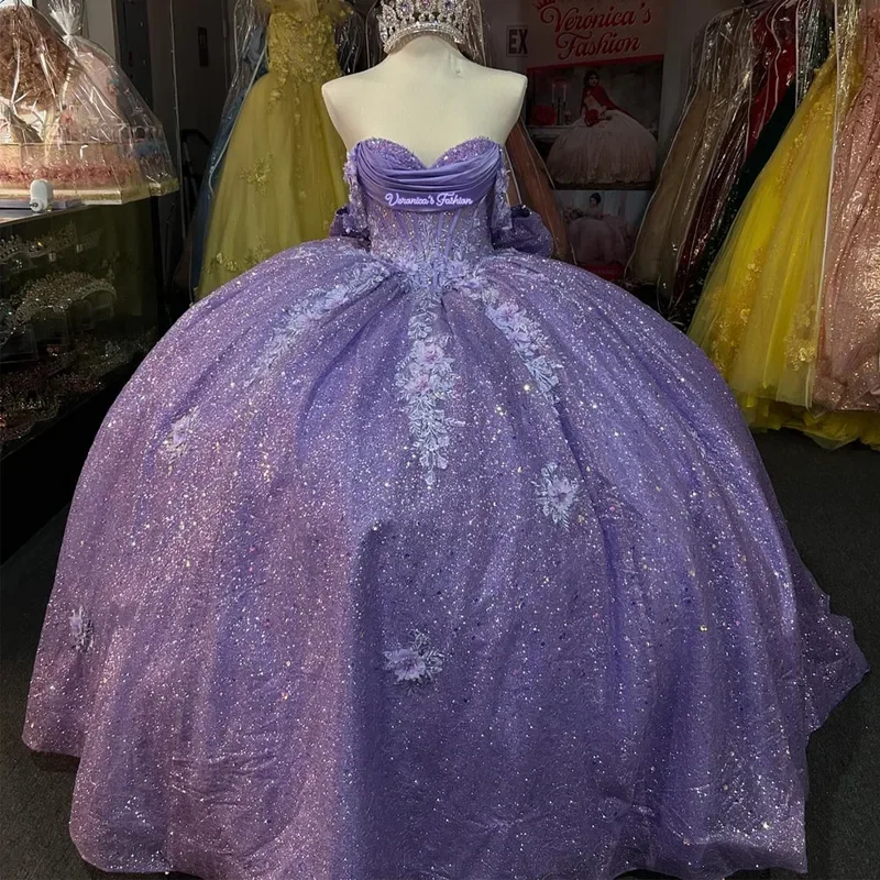 Lavender Lilac Quinceanera Dress Ball Gown Sequins Lace Applie Beading Corset Sweet 16 Dresses Of 15 Anos
