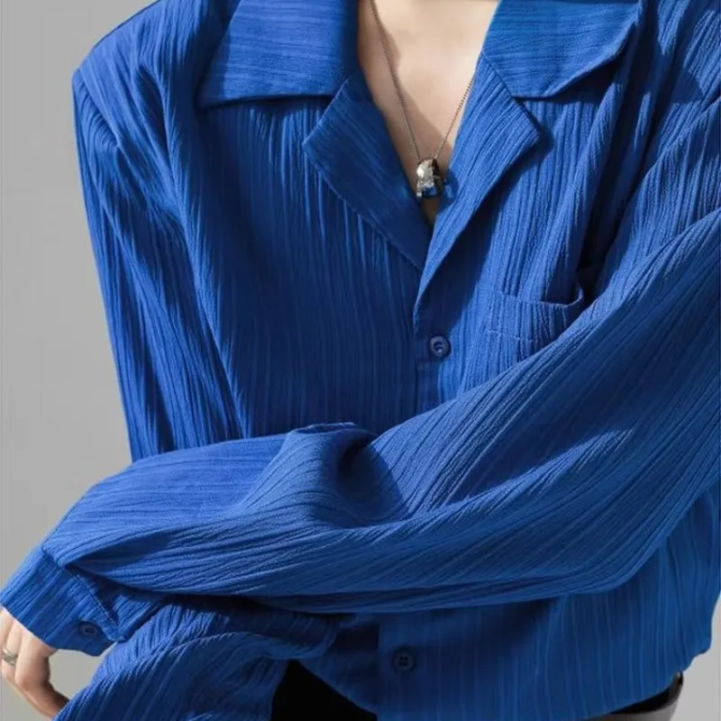 Men Shirt Klein Blue Shirt Men Draped Collar Loose Shirt Summer Sun Top Men 2023 Autumn and Winter Base Shirt Men Shirt Top