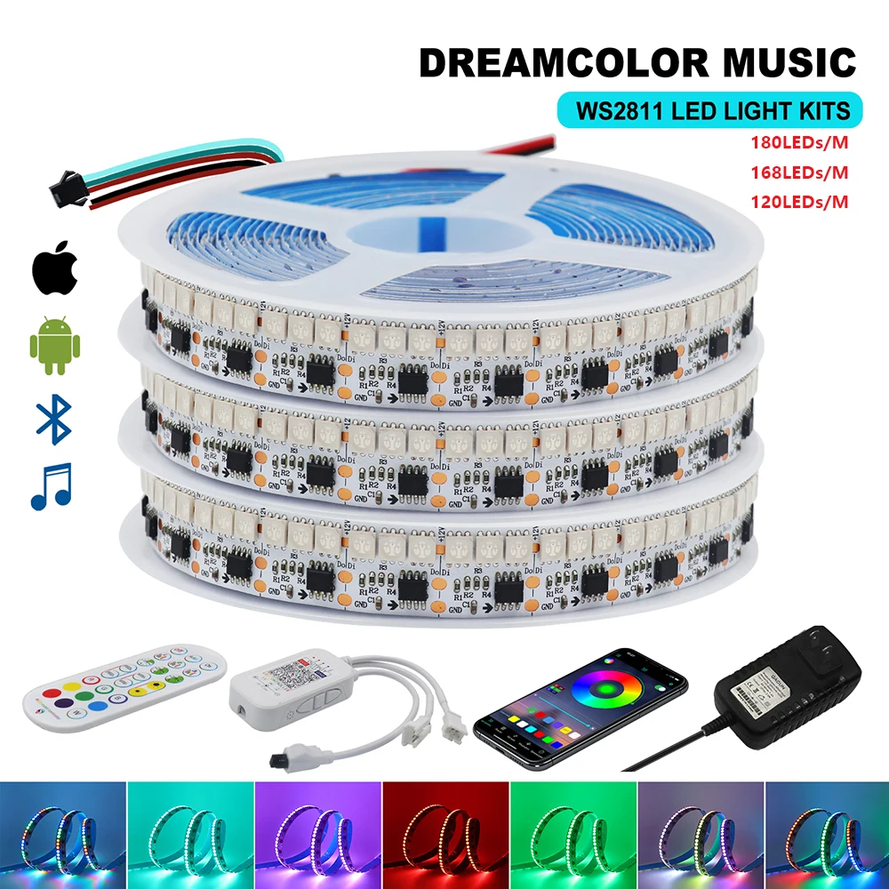 WS2811 RGB LED Light Strip 12V 24V EU US UK AU Set Bluetooth APP 24keys Remote Control 120 168 180LED/M Flexible Tape Home Decor