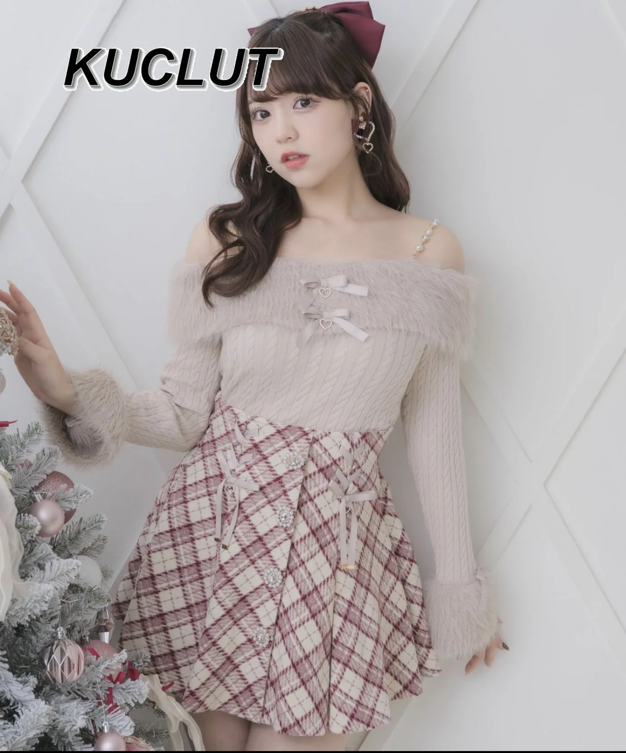 Rojita Style épaules dénudées cravate velours tricot pull haut avec nœud papillon coeur conception automne hiver pull pulls pour les femmes