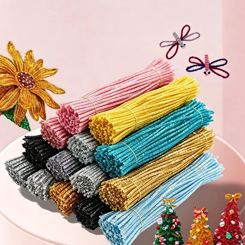 50/100PCS Glitter Pipe Cleaner Chenille Stems Kindergarten Handmade Material Art Craft Christmas DIY Projects