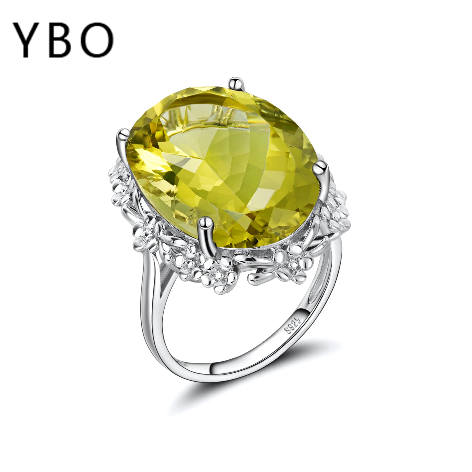 

YBO Classic Lemon Quartz Rings Women's Sterling Silver 21.85ct Natural Gemstones Finger Ring Fine Jewelry Dating Jewel Accessory