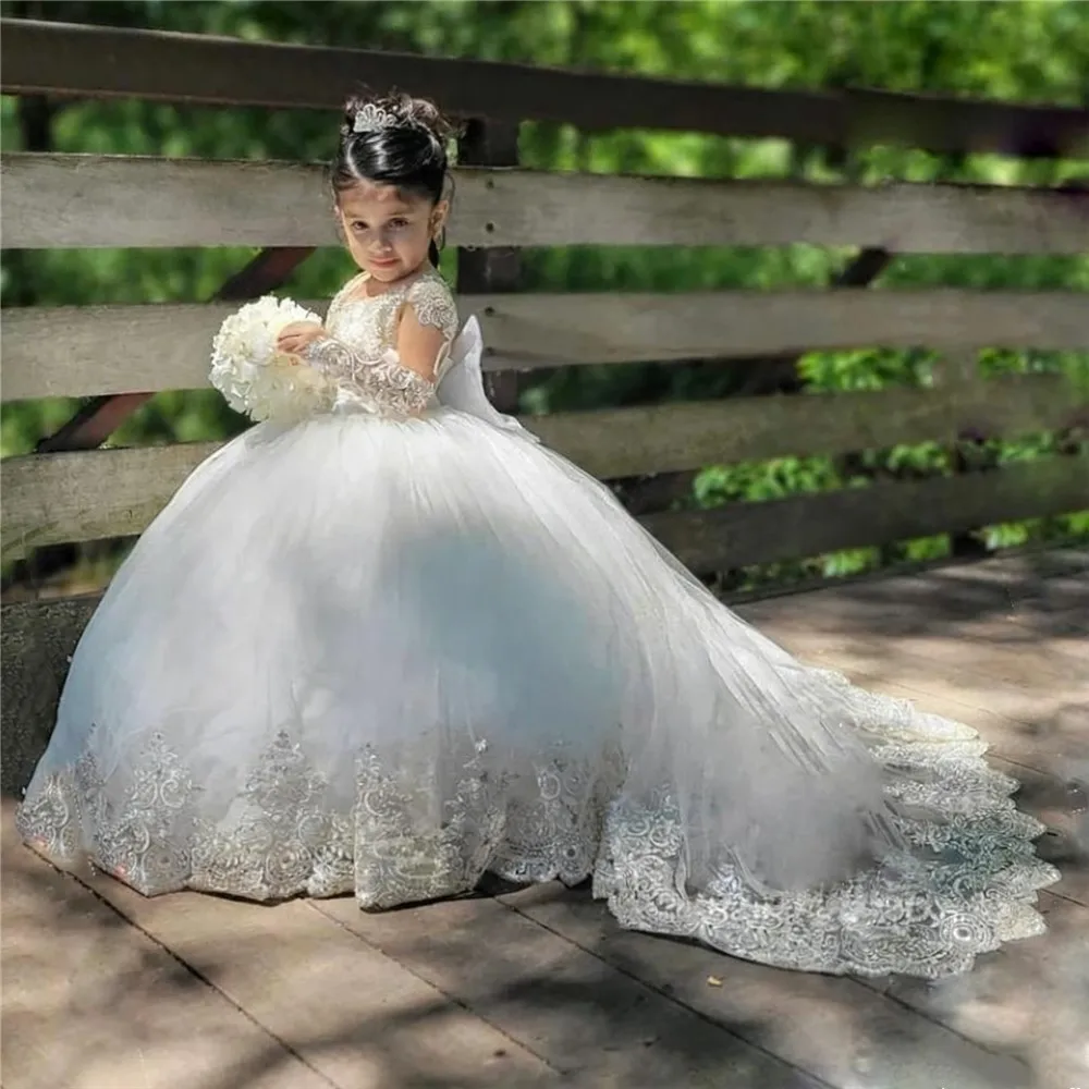 

Customized Elegant Flower Girl Wedding Dress Appliques Lace Bow Full Length Puffy Kids Birthday Party First Communion Ball Gown