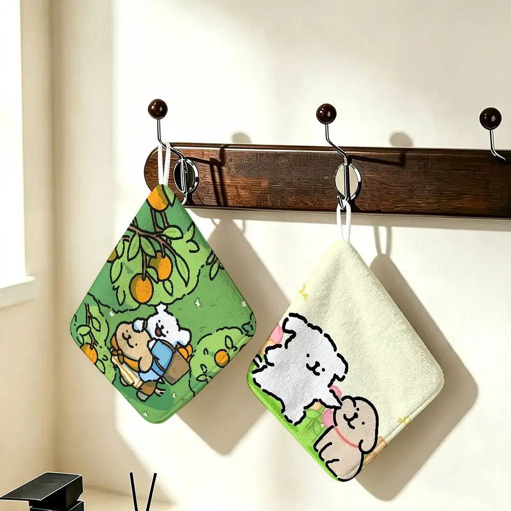 Cartoon Line Dog Maltese Kitchen Hand Towel Soft Absorbent Bathroom Hanging Towel Cartoon Kids Wipe Handkerchief