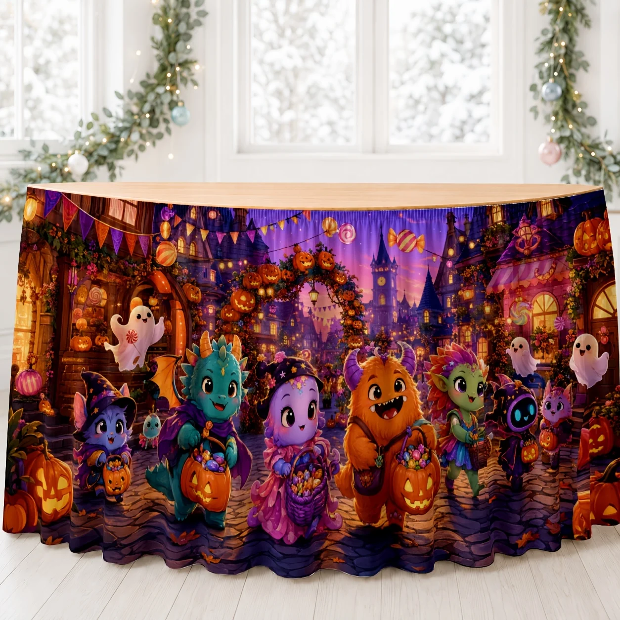 Halloween-themed table skirt with cartoon monsters and street scene decorations for a festive party. Party tablecloth.xzj