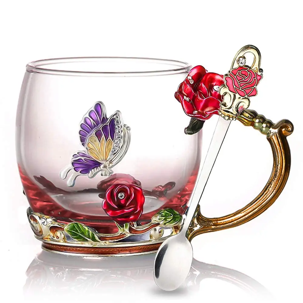 

Tea Cup Glass Coffee Mugs Enamel Rose Flower Butterfly Drinking Cups with Spoon Set Unique Gifts for Birthday Wedding Christmas