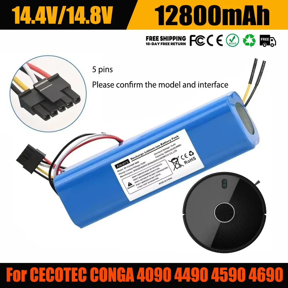 

100% New 12800mAh Li-ion Battery for CECOTEC CONGA 4090 4490 4690 4590 Robot Vacuum Cleaner 14.4V 18650 4S2P Battery Packs