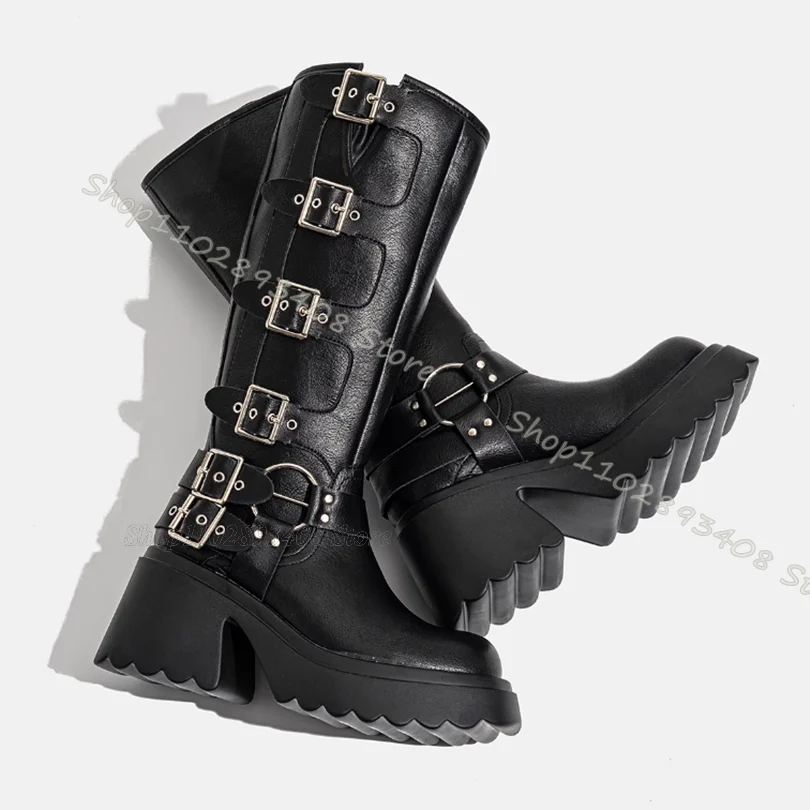 

Buckle Metal Ring Decor Combat Boots Slip on Platform Chunky Heels Shoes Punk Style Spring Party Women Boots Zapatos Para Mujere