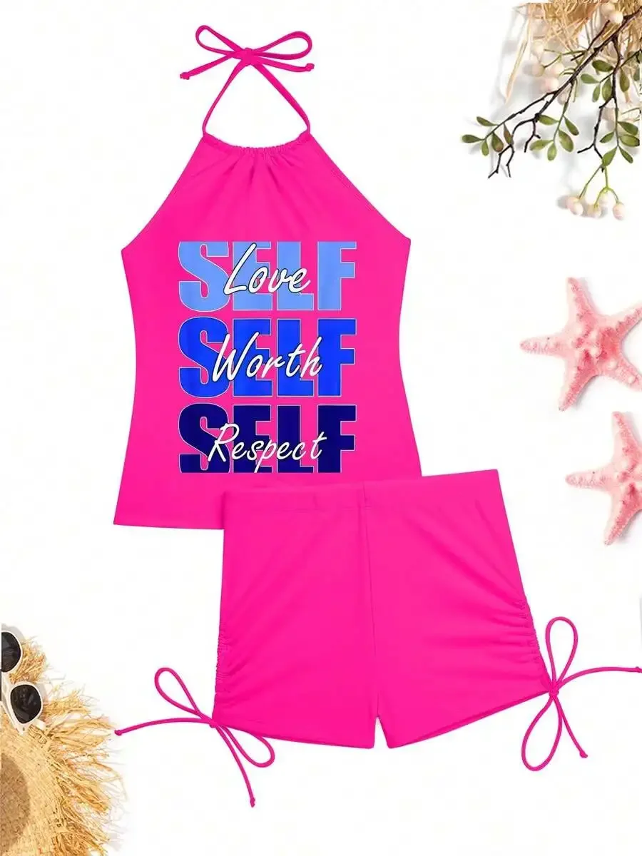 Womens Self Worth Respect Graphic Tankini Set With Drawstring Shorts Modest Tummy Control Swimsuit