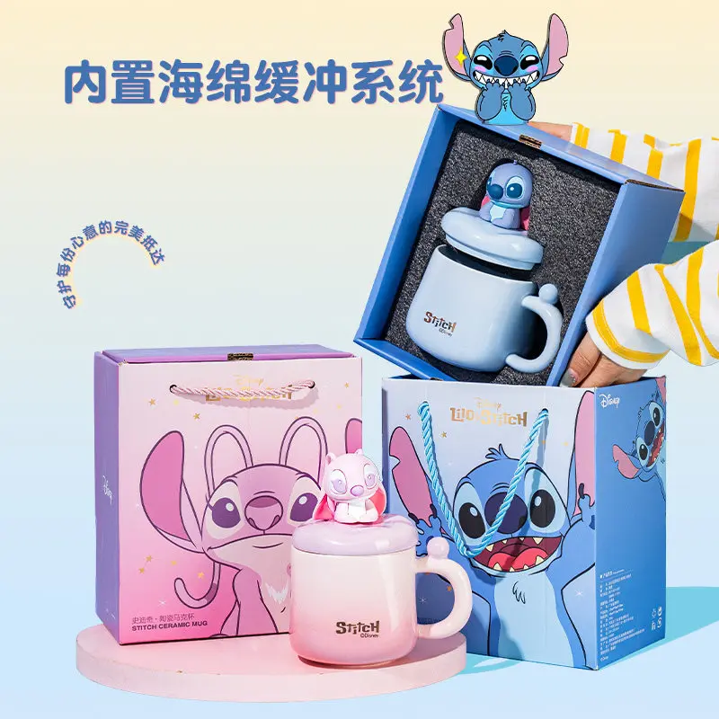 

Hot Disney Official Stitch Ceramic Mug With 3d Figurine Lid Couple Set Practical Birthday Gift Water Cup For Men Women Gift Box