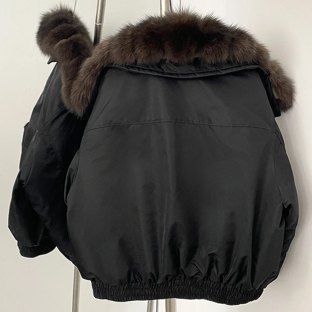 Elegant White Goose Down Jacket Loose New Real Fox Fur Collar Autumn Winter Women Natural Fur Down Coat Warm Belt Puffer Jacket