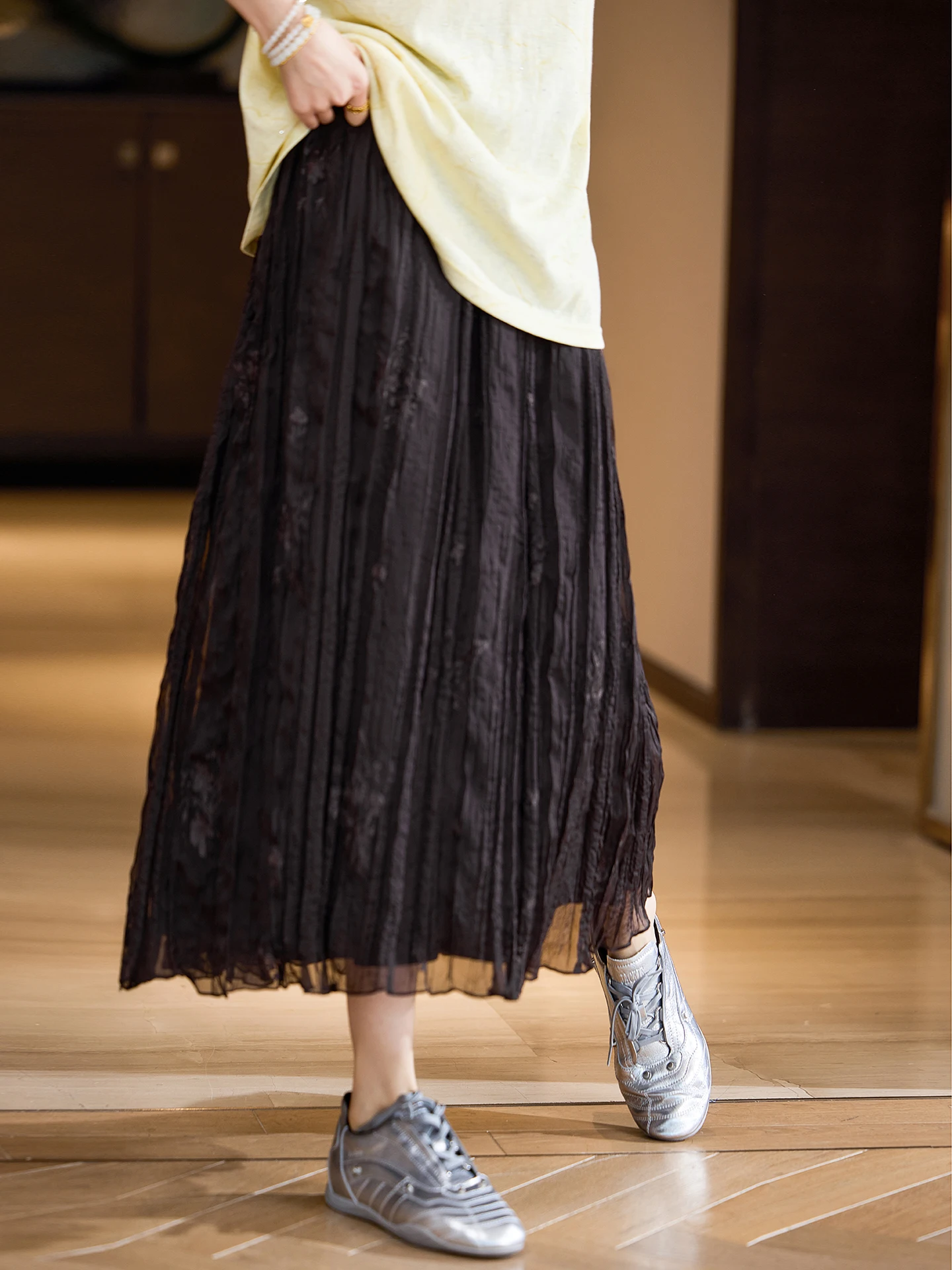 Elegant Embroidered Pleated Chiffon Half Skirt Women's plus Size Street Style Loose Fit Straight Cut Daily Wear by SuMu