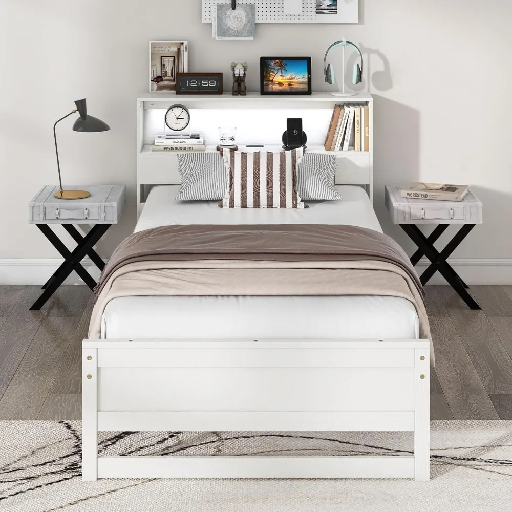 إطارات سرير Giantex المزدوجة مع لوح رأسي للتخزين، وسرير بمنصة خشبية مع قاعدة شحن وإضاءة LED، وسرير فردي مع شرائح Suppo #4