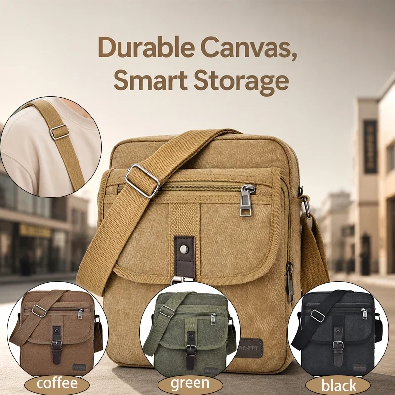 Men's Durable Thick Canvas Shoulder Bag Anti-scratch Vintage Crossbody Bag Casual Work Commute Business Small Sling Daypack