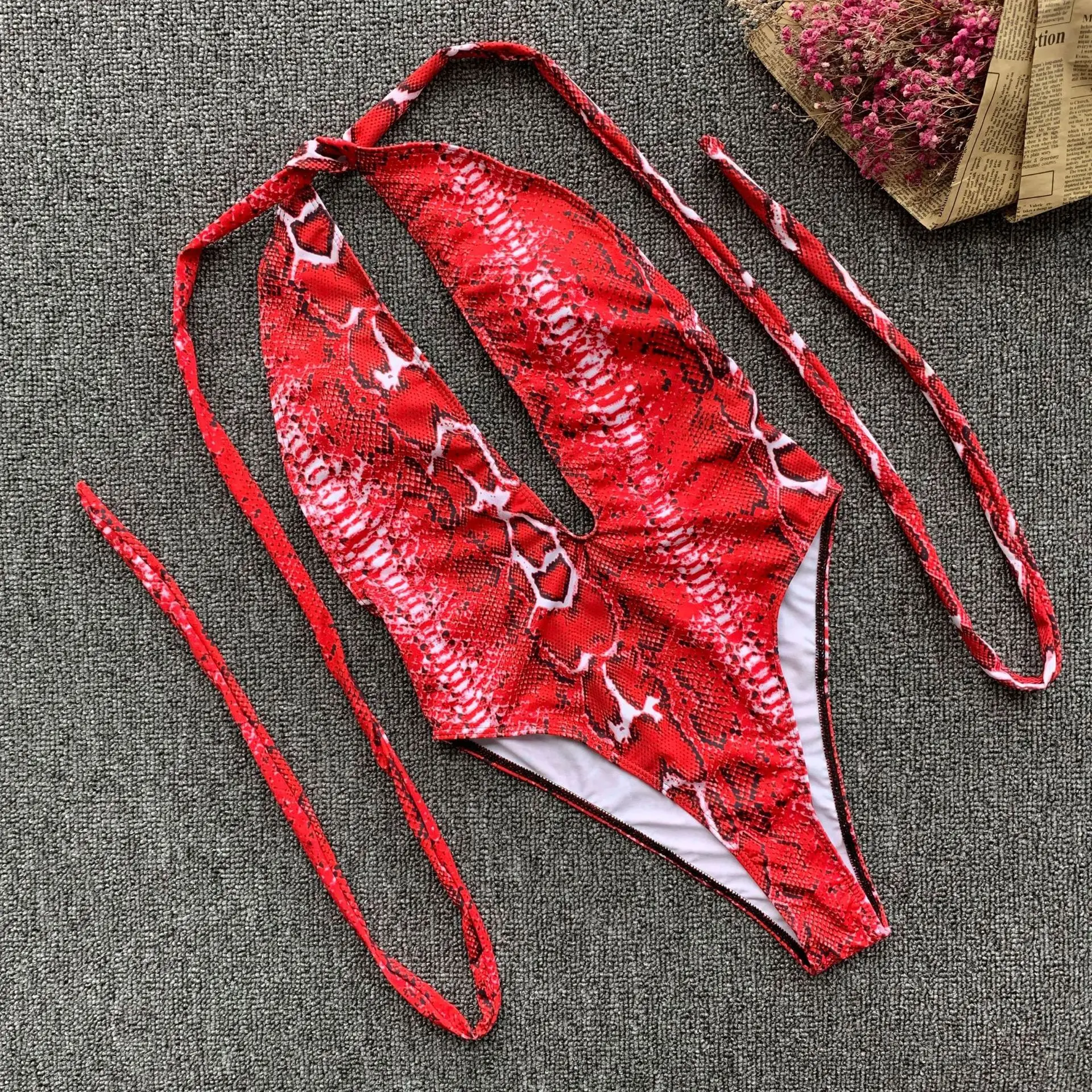 Hot Snake Pattern Print Women Sexy One Piece Halter Bikini Swimsuit Deep V Swimwear