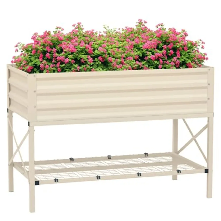 Raised Garden Bed with Galvanized Steel Frame Storage Shelf and Bed Liner Elevated Planter Box with Legs for Vegetables Flowers