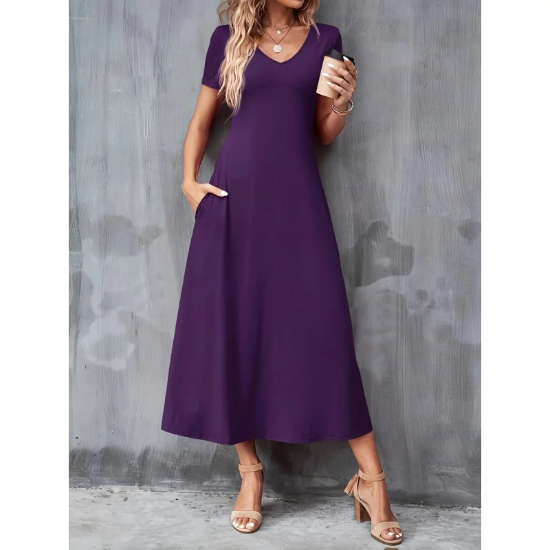 

Green V-Neck A-Line Dress with Pockets - Elegant, Comfortable, Machine Washable, Casual Polyester Blend WD2009