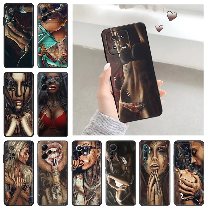 Silicone Soft Phone Case for Redmi Note 13 Pro 4G 12 12c 13c Note12 Xiaomi 12t 12x 13Lite 12Lite Sleeve Sexy Tattoo Girl Cover