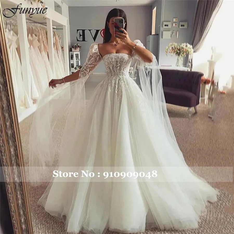 Funyue Robe De Mariée Princesse A-Line Wedding Dress 2024 Strapless Removable Sleeves Lace Appliques Bridal Gown Custom Made