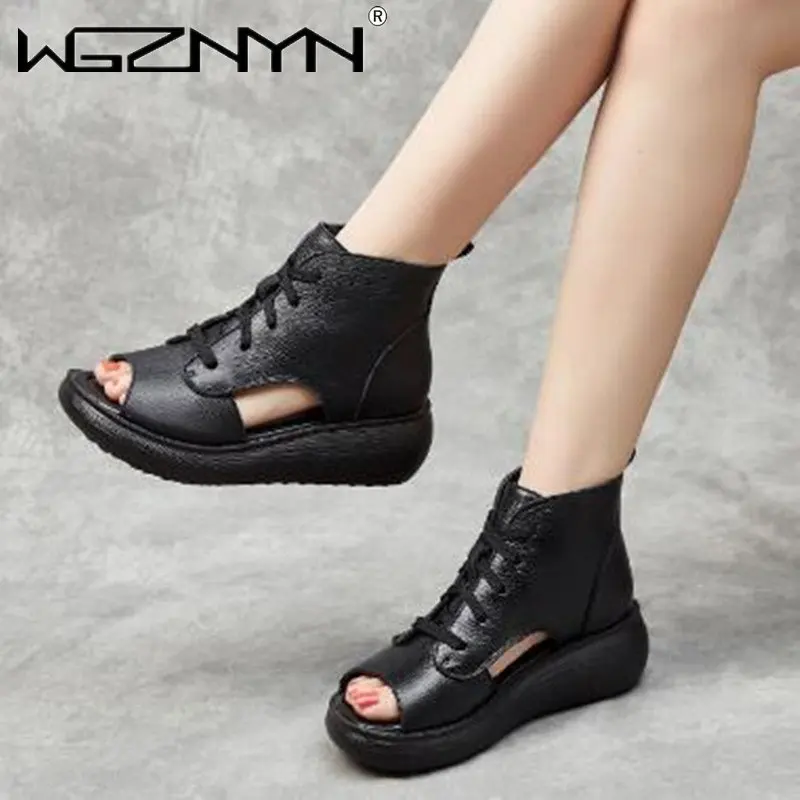 2023 NEW Summer National Style Retro Sandals Thick High Heels Peep Toe Genuine Leather Women Roman Sandals Ladies Short Boots