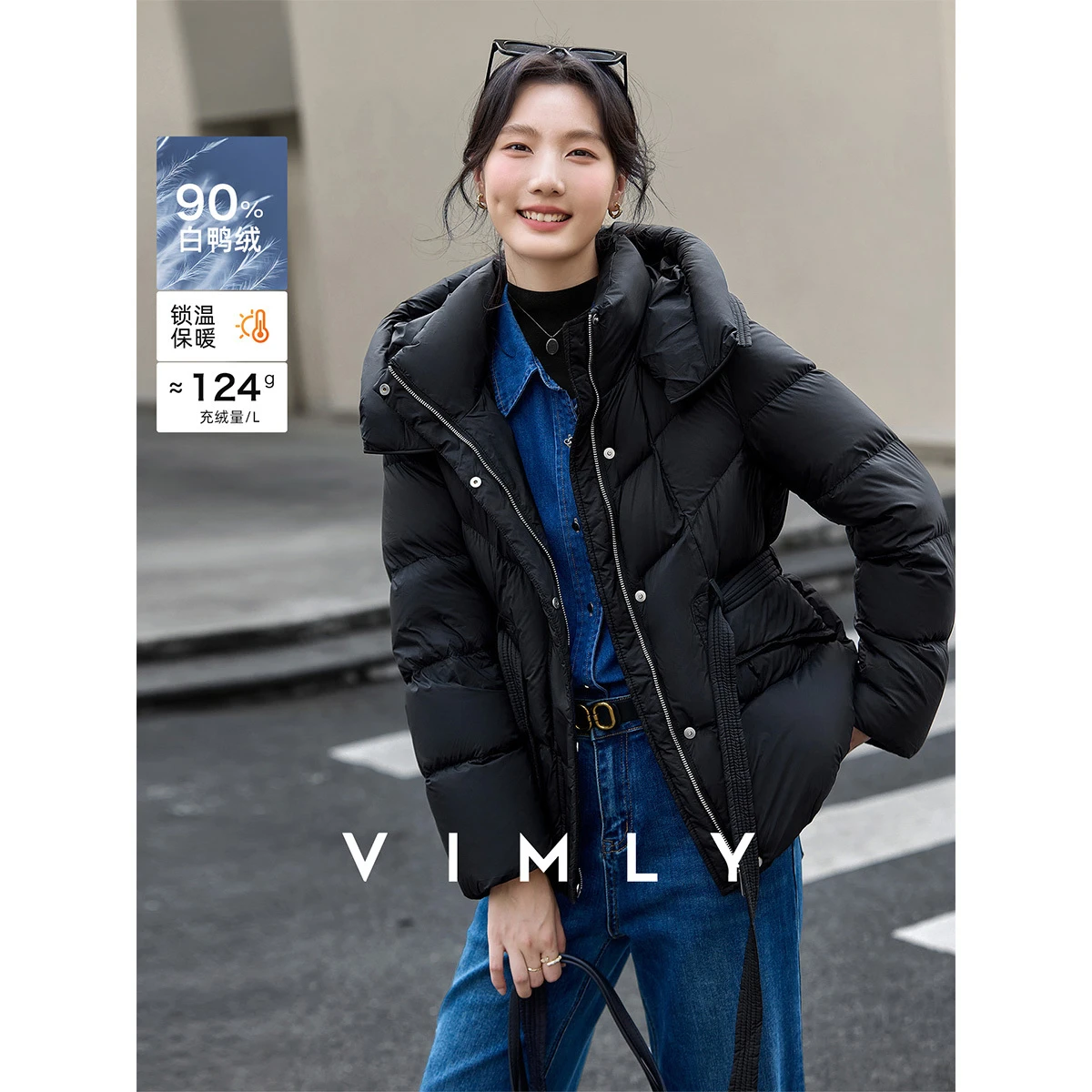 Vimly レディース ブラック パファージャケット 2025 冬 スタンドフード付き襟 暖かい 防風 ルーズフィット 美しいカジュアルダウンコート 50860