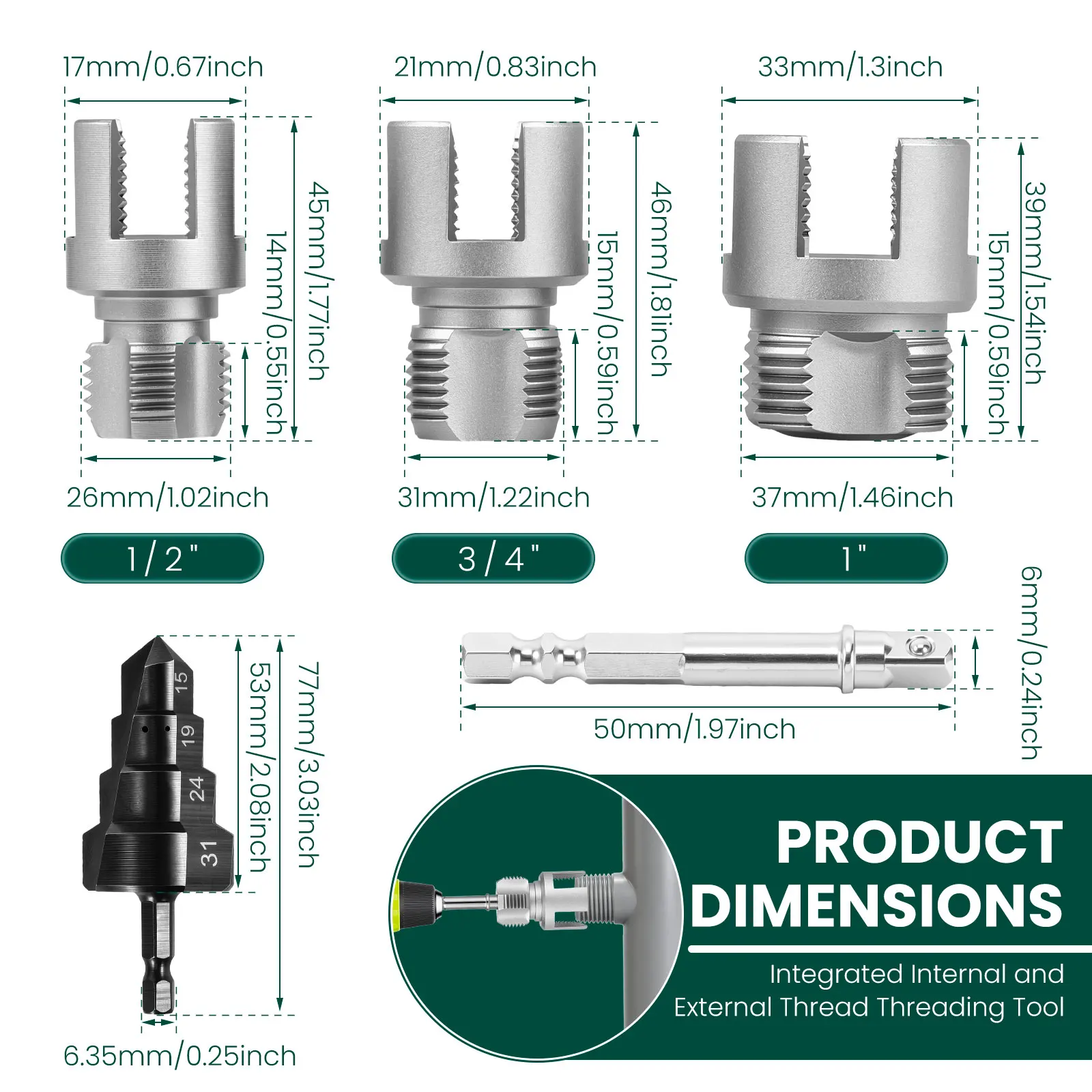 Pipe Threading Kit Burr Free Step Drill Bit Alloy Steel Hex Shank Tube Thread Cutter Set for 1/2 3/4 1 Inch PPR PE Plumbing view 2