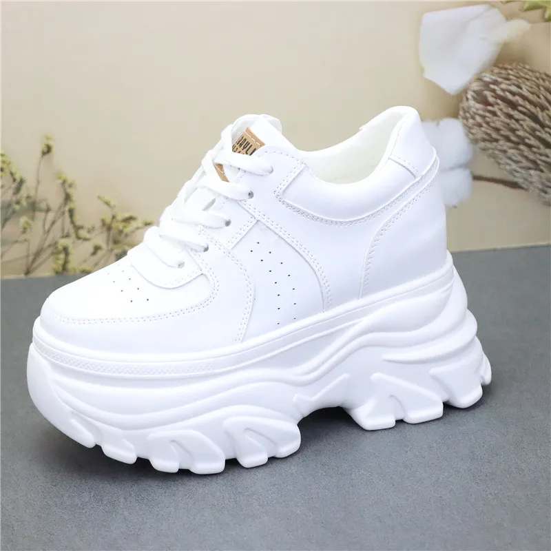 Plus Size Platform Sneakers Women 12cm Hidden Lifts Thick Sole Casual Shoes for Petite, Fashion Ins Trend Athletic Walking Shoes