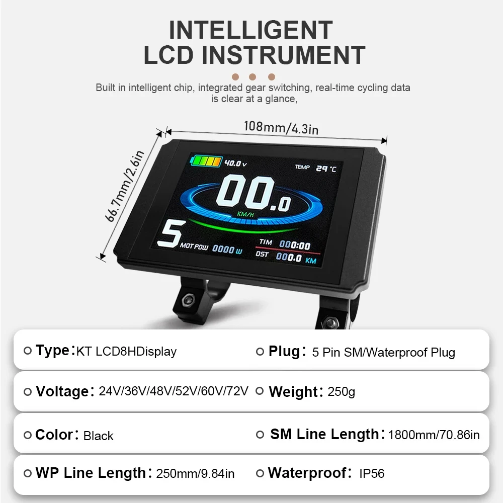 Ebike Display 24V36V48V72V Intelligent KT LCD8H Electric Bike Display for Ebike , Waterproof Connector
