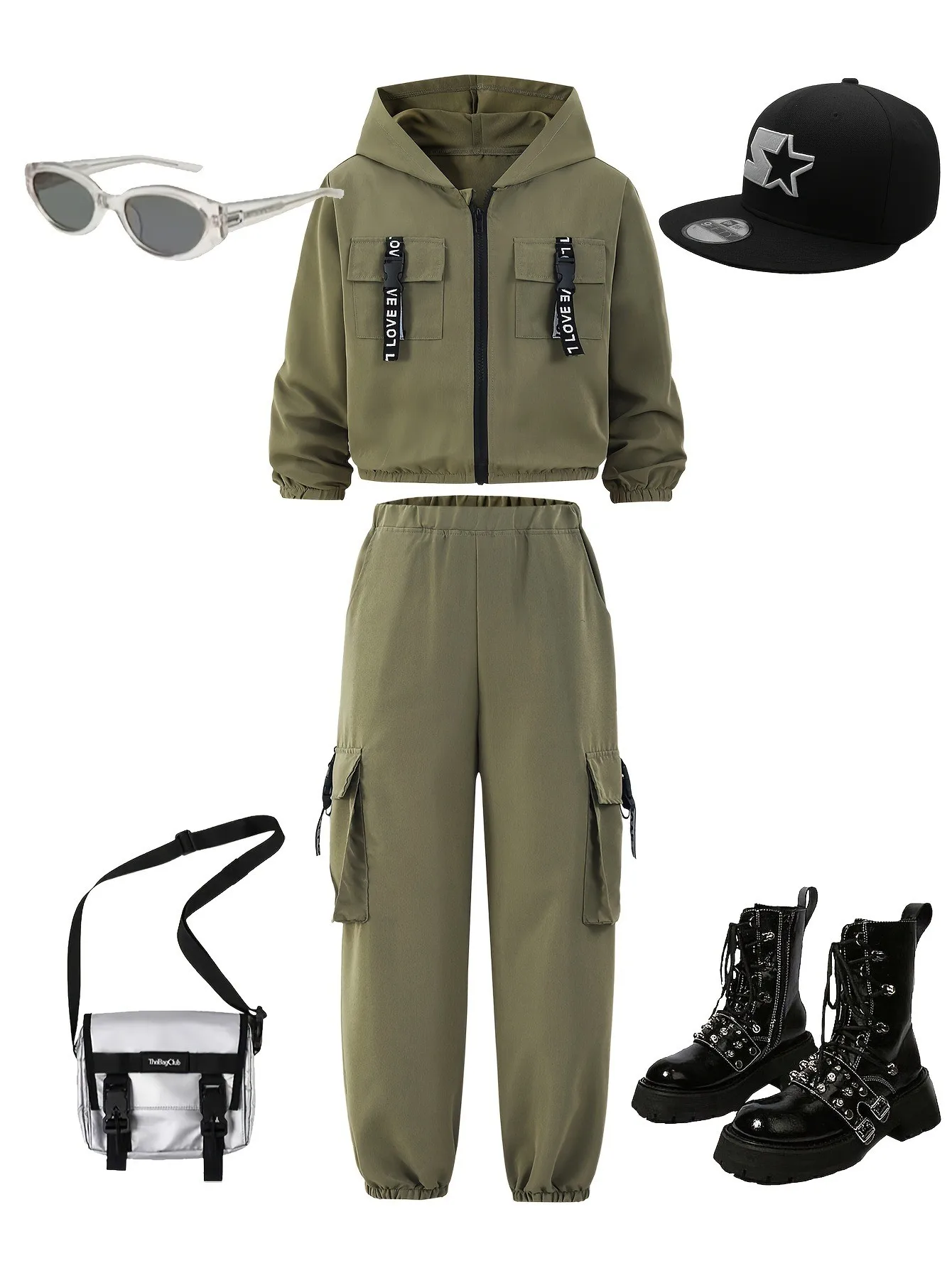 Girls' Autumn Casual Outfit: Fashionable Sweet and Cool Two-Piece Set with Hooded Zipper Cargo Jacket and Jogger Cargo Pants, Suitable for Girls Aged 7-13