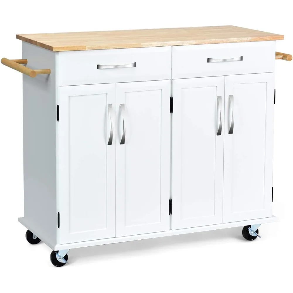 Kitchen Trolley Cart, Rolling Utility Island w/Rubber Wood Top, Large Storage with Smooth Lockable Wheels Home Kitchen Carts