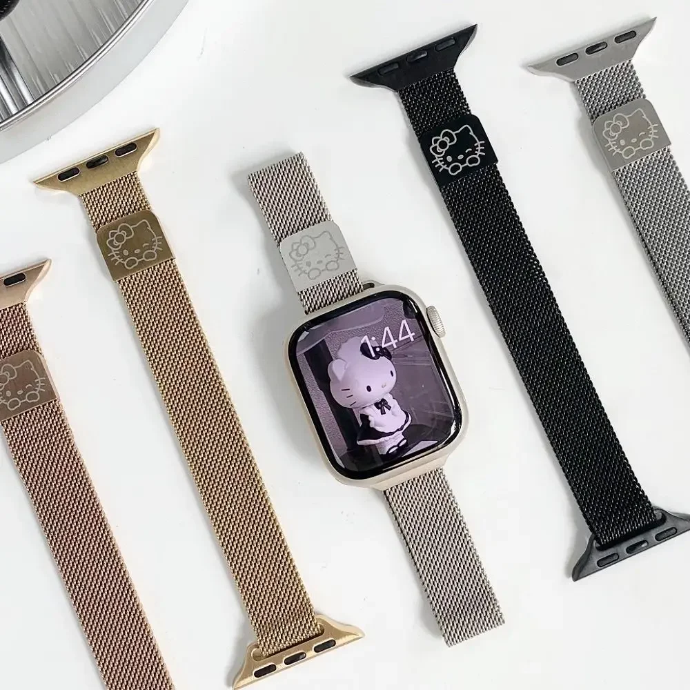 Sanrio Hello Kitty correa de metales para Apple Watch Band 38/40/41/42/44/45/49mm IWatch Apple Watch 8 7 6 5 SE pulsera de lujo de Anime