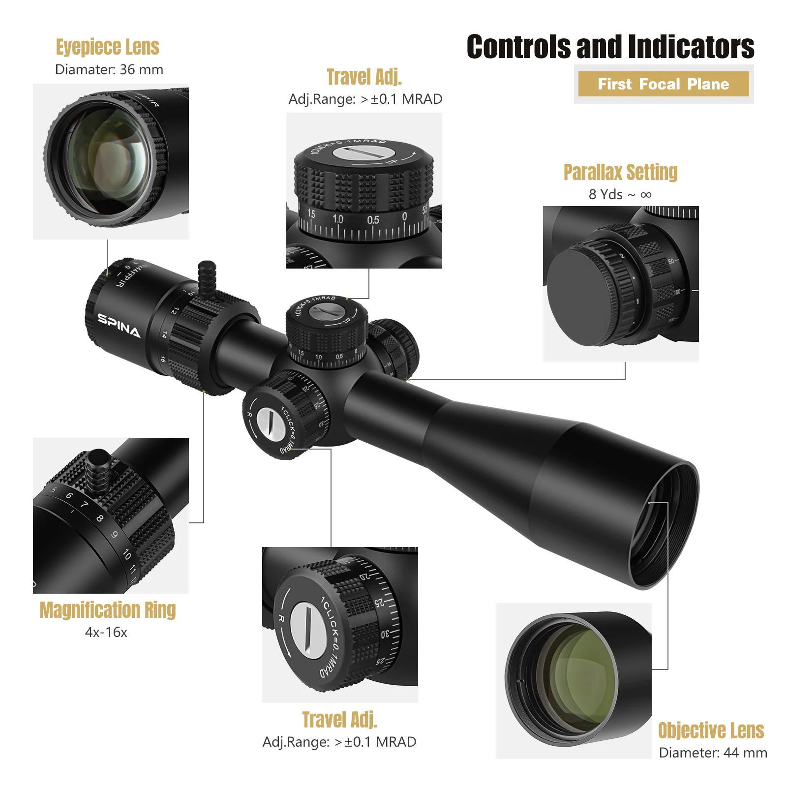 SPINA OPTICS HD 4-16x44 FFP First focal plane Compact Scope Sight 1/10 MRAD 10-100m Tactical Hunting training Scope Sight view 3