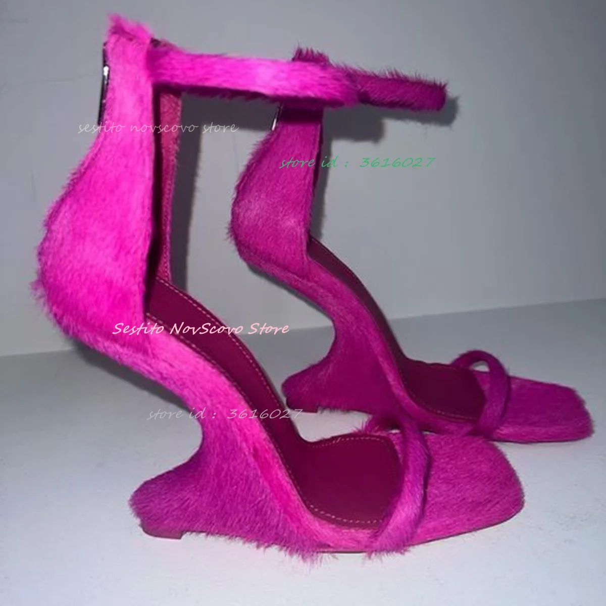 

Fushcia Furry Wedges Sandals Square Open Toe Slender Upper Strange High Heels Ankle Straps Buckle Summer Sexy Women Party Shoes