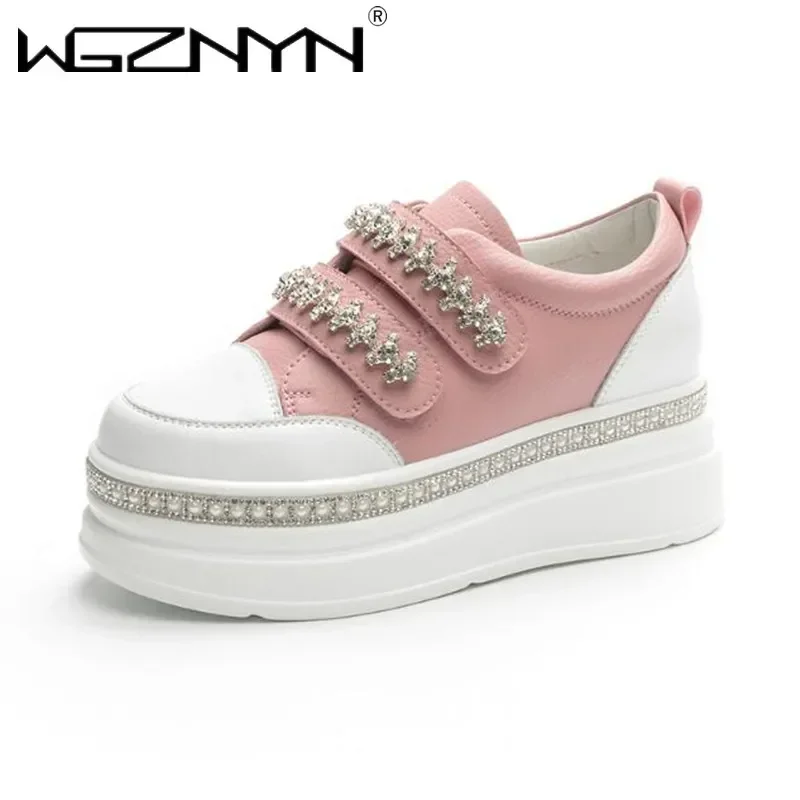 Top quality 7cm NEW Skate Board Vulcanized Chunky Block Boot Bling Platform Wedge Sneakers Genuine Leather Breathable lady Shoes