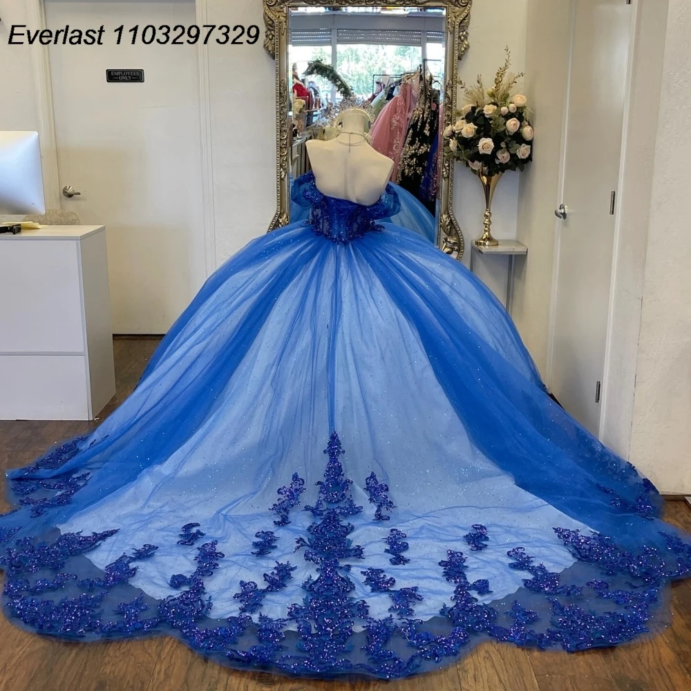 EVLAST personalizado azul Vestido para quinceañeras Vestido De baile brillante Apliques De encaje con cuentas corsé De cristal dulce 16 Vestido De 15 Anos QD1007