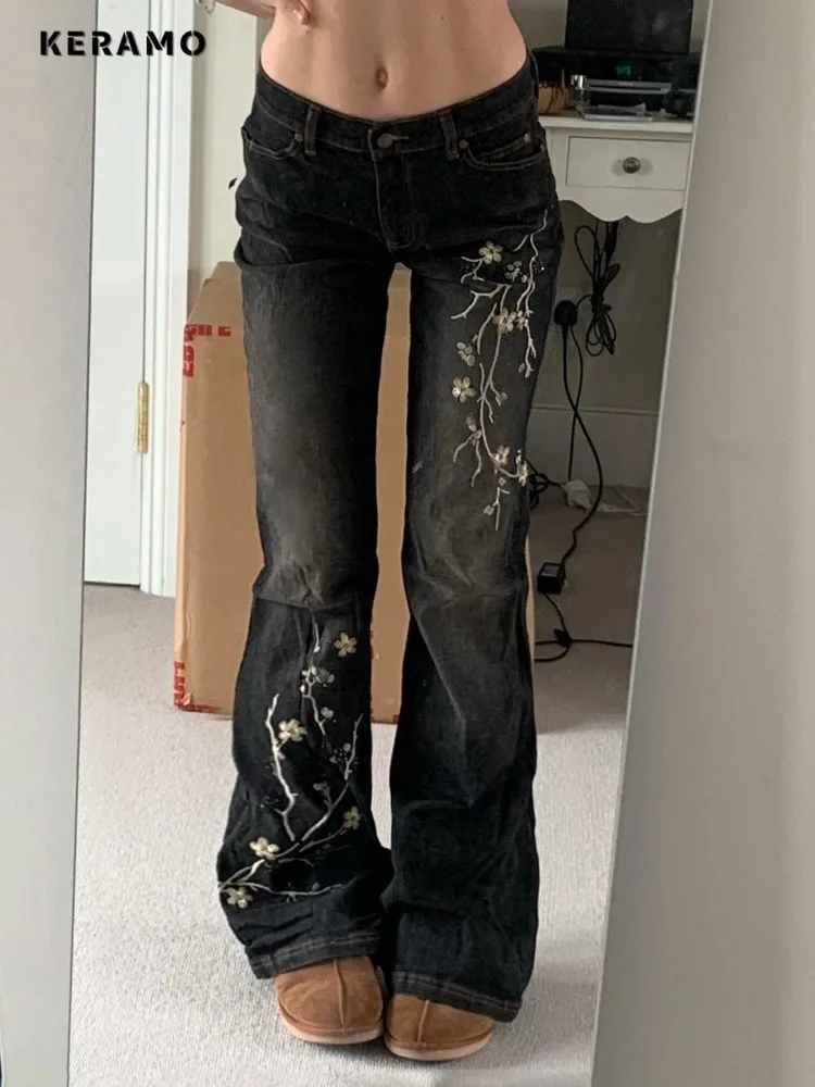 Weekeep Floral Embroidery Jeans Vintage 2000s Low Rise Flared Jeans Women Retro…