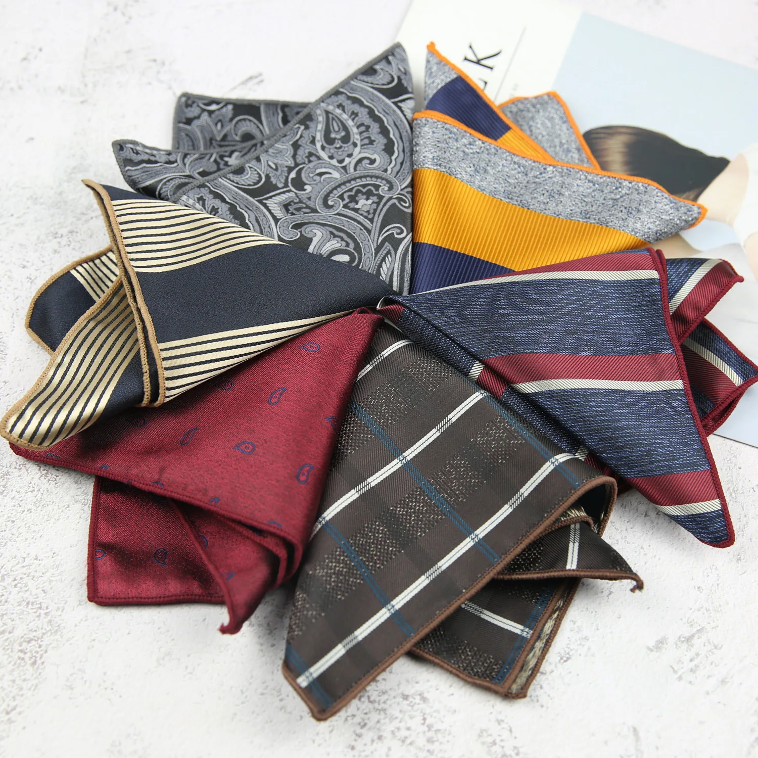 23cm Fashion Polyester Men's Pocket Square Striped Paisley Grey Handkerchief Formal Suit Cravat Pocket Chest Scarf Shirt Hanky