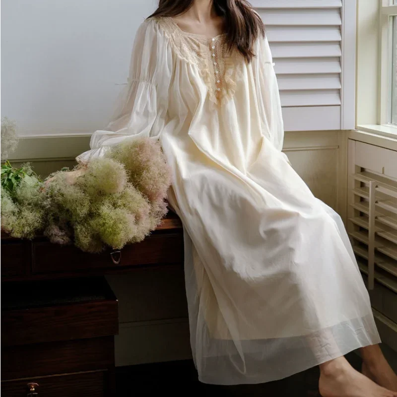 Spring Summer Women Mesh Long Robe Sleepwear Princess Nightwear Cotton Sexy Lace Vintage Nightgown Peignoir Romanic Night Dress